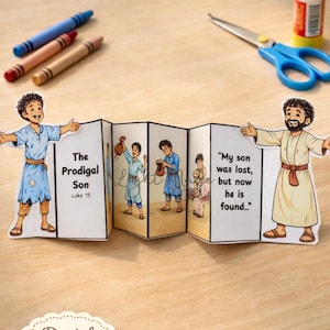 Op de afbeelding: Een printbaar knutselwerk over de Verloren Zoon met illustraties van het bijbelse verhaal. Het gevouwen papier toont scènes met personages en tekst, waaronder "De Verloren Zoon" en een citaat. Kleurpotloden en een schaar zijn ook zichtbaar.