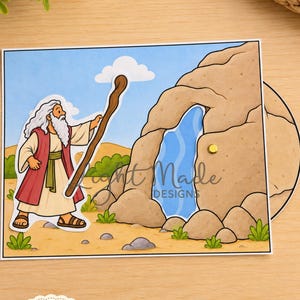 May include: A printable craft project titled Moses strikes the rock, featuring a cartoon illustration of Moses with a wooden staff standing before a large tan rock formation with a blue water stream flowing from it, set against a light blue sky.