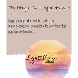 K&ouml;nnte beinhalten: Ank&uuml;ndigung zum digitalen Download auf beigem Hintergrund, mit blauem Klebeband befestigt. Der Text lautet: "Dieses Angebot gilt f&uuml;r einen digitalen Download." Ein Aquarell-Sonnenuntergangsdesign mit dem Text "Light Made DESIGNS" ist ebenfalls enthalten.