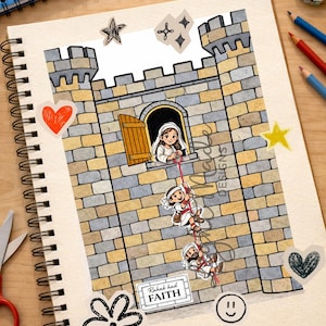 以下が含まれることがあります： 城とロープを伝って降りる人物のカラフルなイラストが描かれた、スパイラル綴じのノート。画像には装飾ステッカーと「Printable Rahab and the spies Craft」と「Rahab had FAITH」というテキストが含まれています。
