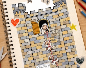 Pode incluir: Um caderno espiralado com uma ilustração colorida de um castelo e figuras descendo por uma corda. A imagem inclui autocolantes decorativos e o texto "Printable Rahab and the spies Craft" e "Rahab had FAITH".