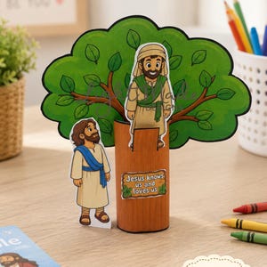 Puede incluir: Una manualidad de árbol 3D imprimible con un árbol verde y un tronco marrón, y dos figuras ilustradas. El texto "Jesus knows us and loves us" está en el tronco. La imagen también incluye el texto "Printable Zacchaeus 3D tree Craft" y "Digital Download".