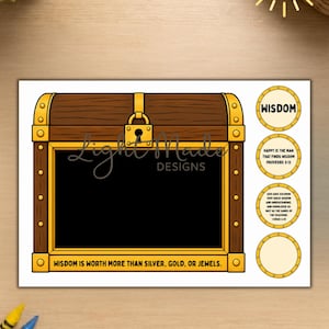 K&ouml;nnte beinhalten: Ein dekorativer Druck mit einem Schatzkistendesign mit dem Text "Weisheit ist mehr wert als Silber, Gold oder Juwelen." Zus&auml;tzliche kreisf&ouml;rmige Designs mit Text &uuml;ber Weisheit sind enthalten. Das Design ist in Braun und Gold gehalten.