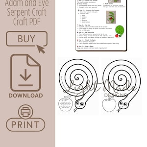 May include: A printable PDF craft titled "Adam and Eve Serpent Craft." The image features instructions, a spiral serpent template, and an apple. The text includes "Buy," "Download," and "Print" buttons, along with the Light Made Designs logo.