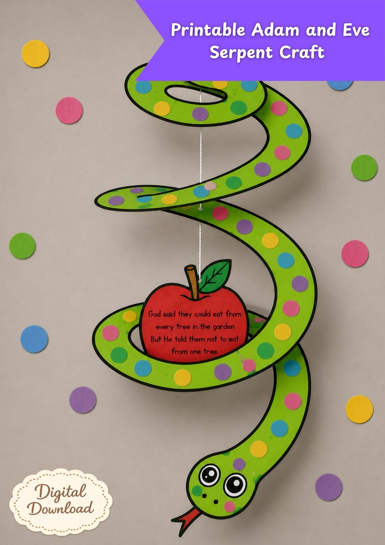May include: A green paper serpent craft with colorful polka dots and a red apple. The apple has text from the Bible. The craft is labeled "Printable Adam and Eve Serpent Craft" and "Digital Download".