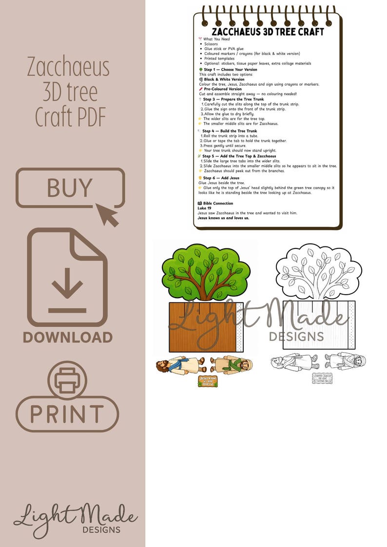 K&ouml;nnte beinhalten: Ein druckbares PDF-Bastelprojekt mit einem 3D-Baum mit Zach&auml;us und Jesus. Das Bild enth&auml;lt Anweisungen, eine Baumvorlage, Figuren und die W&ouml;rter "Kaufen", "Herunterladen" und "Drucken".