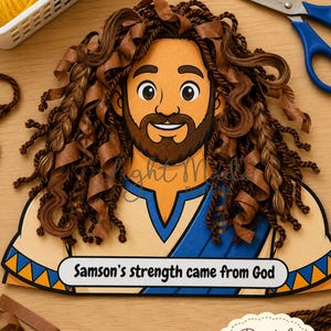 Puede incluir: Una manualidad imprimible de Sansón con una ilustración de dibujos animados de Sansón con cabello castaño y barba. La imagen incluye el texto "La fuerza de Sansón vino de Dios" y "Descarga digital". Una pancarta morada dice "Manualidad imprimible de Sansón".