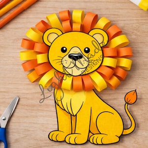 May include: A printable lion craft with a yellow body and a mane of orange and yellow paper strips. The image includes the text "Printable Daniel Lions Mane Craft" and "Digital Download". Scissors and markers are also visible.