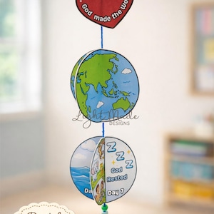 Può includere: Un artigianato sospeso con un cuore rosso con la scritta "Dio ha fatto il mondo", un globo e un'immagine circolare con la scritta "Dio si riposò il giorno 7". L'artigianato è sospeso da uno spago blu e include il testo "Artigianato del mondo sospeso stampabile".