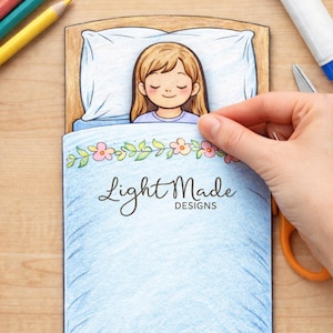 May include: A paper craft featuring a girl in bed, with a blue blanket and floral accents. The text "Light Made Designs" is visible. The image includes colored pencils, scissors, and the text "Printable Jairus' Daughter Craft" and "Digital Download".