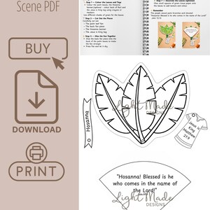 May include: A printable PDF craft project titled "Hosanna Fan Scene." The image includes instructions, a list of materials, and templates for creating a fan with palm leaves, a banner, and a Jesus is King tag. The text "Hosanna! Blessed is he who comes in the name of the Lord!" is also included.