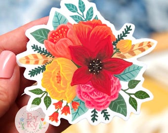Autumn Fall Flower Feather and Evergreen Bouquet Large Floral Vinyl Sticker Decal