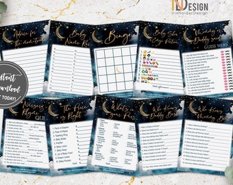 Twinkle Twinkle Little Star Baby Shower Game set, Over the Moon, 10 games, digital, boy, watercolor, templates, NON-editable, INSTANT, TLSB