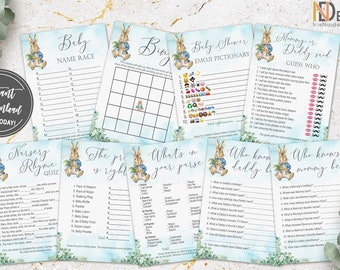 Peter Rabbit Baby Shower Game set, bunny, 9 games, digital files, greenery, neutral, floral, leaves,templates,not editable,INSTANT DOWNLOAD