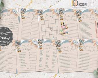 Boho Teddy Bear Baby Shower Game set, 10 games, pampas grass, balloon, dusty blue, arch, templates, NOT editable, digital, PDF, INSTANT