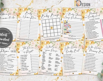 Bee Baby Shower Game set, 10 games, girl, honeycomb, floral, watercolor, digital files, NON-editable, INSTANT DOWNLOAD