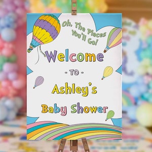 Editable Baby Shower Welcome Sign, rainbow, hot air balloon, DIGITAL, adventure awaits, Instant Download, Corjl