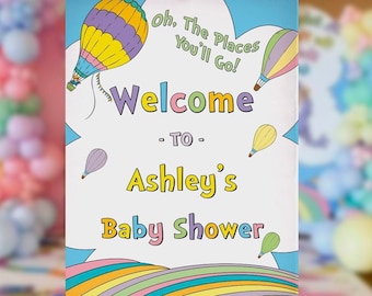 Baby Shower Welcome Sign, rainbow, hot air balloon, DIGITAL, adventure awaits, Instant Download, Corjl, editable