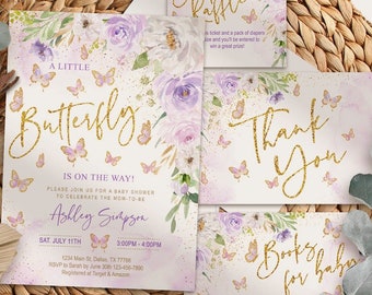 EDITABLE Butterfly Baby Shower Invitation SET, girl, lavender floral, little butterfly, watercolor, printable, digital, template, INSTANT