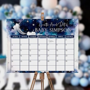 Bearbeitbarer Over The Moon Due Date Kalender, Twinkle Little Star Guess Ankunft Datum Zeichen, Aquarell, Corjl, printable, Vorlage, DIGITAL, OMBP