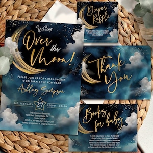 We zijn Over the Moon baby shower uitnodiging, set, hemel, sterren, Marine, afdrukbaar, digitaal, sjabloon, ruimte, neutraal, INSTANT Download, OMBG