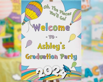 Editable Graduation Welcome Sign, rainbow, hot air balloon, DIGITAL, adventure awaits, Instant Download, Corjl