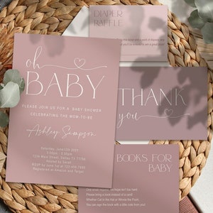 EDITIERBARES Dusty Rose Baby Shower Einladungsset, Desert Rose, modern, minimalistisch, Vorlage, digitale Datei, druckbar, Sofortiger Download
