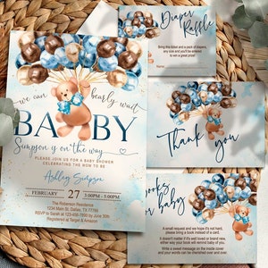 EDITABLE Teddy bear baby shower invitation set, boy, bear with balloons, digital file, printable, template, INSTANT Download. TBNB