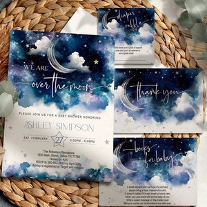 We are Over the Moon baby shower invitation, set, sky, stars, galaxy, printable, digital, template, space, watercolor, INSTANT, OMBP