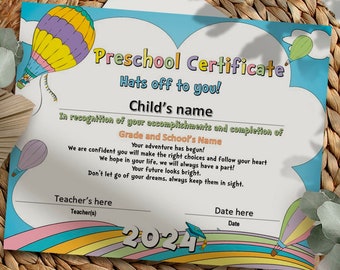 Preschool Diploma, 2024 Certificate, rainbow, pastel colors, Preschool Certificate, Digital file, Graduation, Instant download