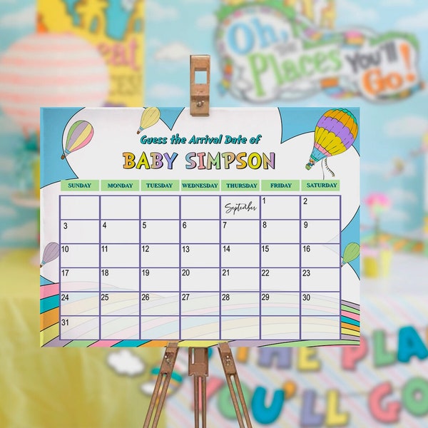 EDITABLE Due Date Calendar, Guess Arrival Date, hot air balloon, adventure awaits, pastel colors, rainbow, printable, template, DIGITAL