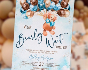 EDITABLE Teddy bear baby shower invitation, boy, Welcome sign, brow, gold, bear with balloons, set, DIGITAL, printable, template, INSTANT
