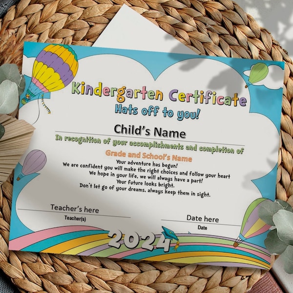 Kindergarten Diploma, 2024 Certificate, rainbow, pastel colors, kinder Diploma, Graduation, Digital file, printable, instant download