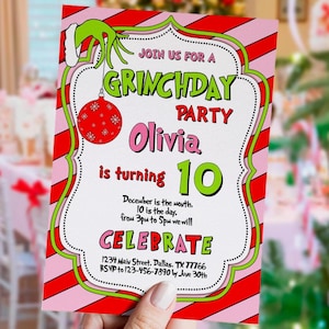 Invito di compleanno di Natale modificabile, compleanno rosa verde, cartone animato, qualsiasi età, festa di Natale, Whoville, ragazza, modello, digitale, istantaneo