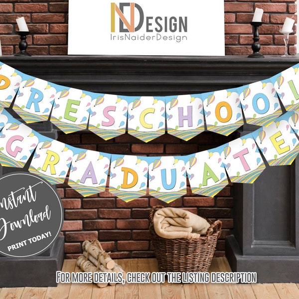 Preschool Graduate Banner, Hot air balloon, graduation decor, rainbow, pastel colors, printable, digital files, instant download