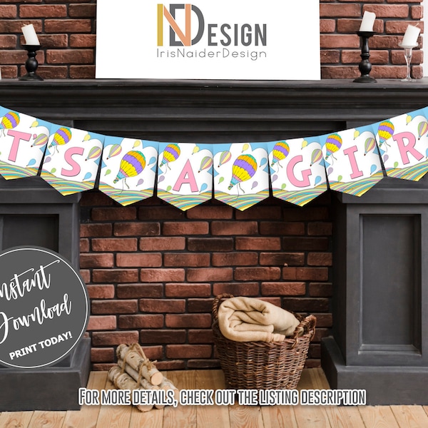 Hot air balloon It's a Girl banner, baby shower banner, rainbow, pastel colors, printable, digital files, not editable, instant download