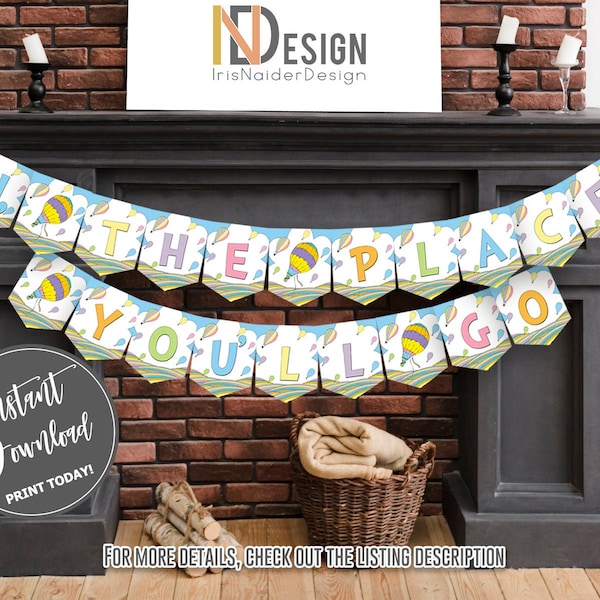 Oh the places Banner, Hot air balloon, graduation decor, birthday decor, rainbow, pastel colors, printable, digital files, instant download