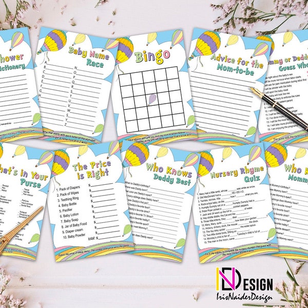 Baby shower game set, 10 games, digital files, templates, not editable, instant download, pastel colors, rainbow, hot air balloon, games