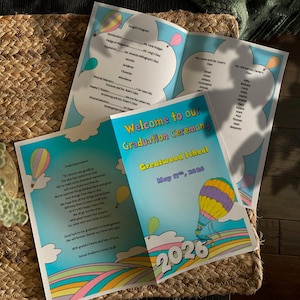 2026 GRADUATION CEREMONY Program, hot air balloon, adventure awaits, kinder, Any Grade, pre-k, 1st, 2nd, 3rd, 4th, 5th, Heading Not Editable