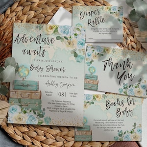 EDITIERBARE Weltkarte Babypartyeinladungsset, Reise, Abenteuer erwartet, Koffer, Globus, Junge, Blumen, printable, Vorlage, sofortig, WMB