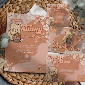 EDITABLE Classic Winnie the Pooh baby shower invitation set, A Little Hunny Is On The Way, girl, digital, printable, Instant Download