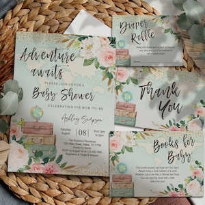 EDITIERBARE Weltkarte Babypartyeinladungsset, Reise, Abenteuer erwartet, Koffer, Globus, Mädchen, Blumen, printable, Vorlage, sofortig, WMG1
