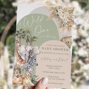EDITABLE Invitación baby shower Safari, Selva, Set neutro, Cartel de bienvenida, salvia, boho, hierba de pampa, oso con globos, DIGITAL, imprimible