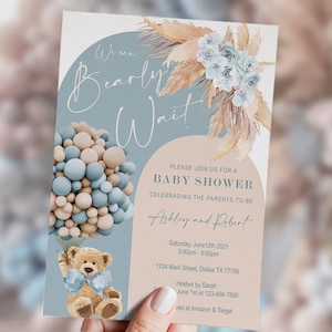 Teddybär Arch-Babypartyeinladung, Junge, Willkommensschild, staubig blau, beige, boho, Bär mit Luftballons, Set, DIGITAL, Printable, DBTBB