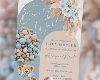 Ediatable Teddy bear Arch baby shower invitation, Boy, Welcome sign, dusty blue, beige, boho, bear with balloons, set, DIGITAL,Printable