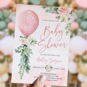 EDITABLE Balloon baby shower invitation, set, girl, Greenery balloon baby shower, floral, blush, eucalyptus, Printable, DIGITAL, INSTANT