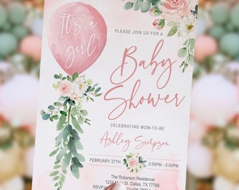 EDITABLE Balloon baby shower invitation, set, girl, Greenery balloon baby shower, floral, blush, eucalyptus, Printable, DIGITAL, INSTANT