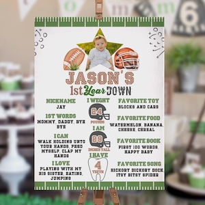 Cartaz de marco de futebol editável, primeiro ano encerrado, é hora do jogo, jogo iniciado, 1º ano, aniversariante, placa para impressão, digital