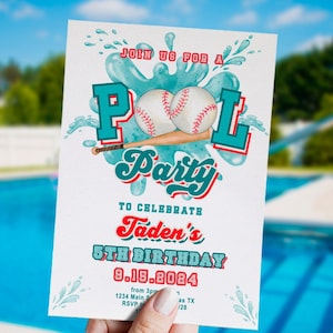 May include: A printable invitation for a pool party with a baseball theme. The invitation is blue and red with a baseball and bat graphic. The text on the invitation reads "Join us for a Pool Party to celebrate Taden's 5th Birthday 9.18.2024".