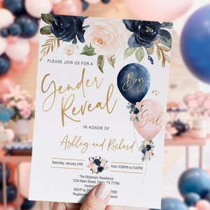 EDITABLE Floral gender reveal invitation Set, navy blush gold, balloon, blue pink, printable, boy or girl, DIGITAL, template, INSTANT